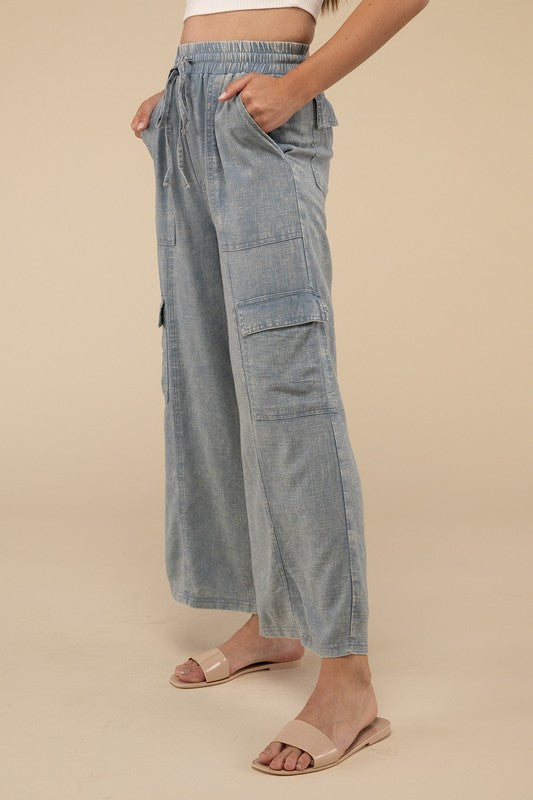 Washed Linen Elastic Band Waist Cargo Pants BLUE GREY S by ZENANA | Fleurcouture