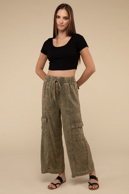 Washed Linen Elastic Band Waist Cargo Pants by ZENANA | Fleurcouture