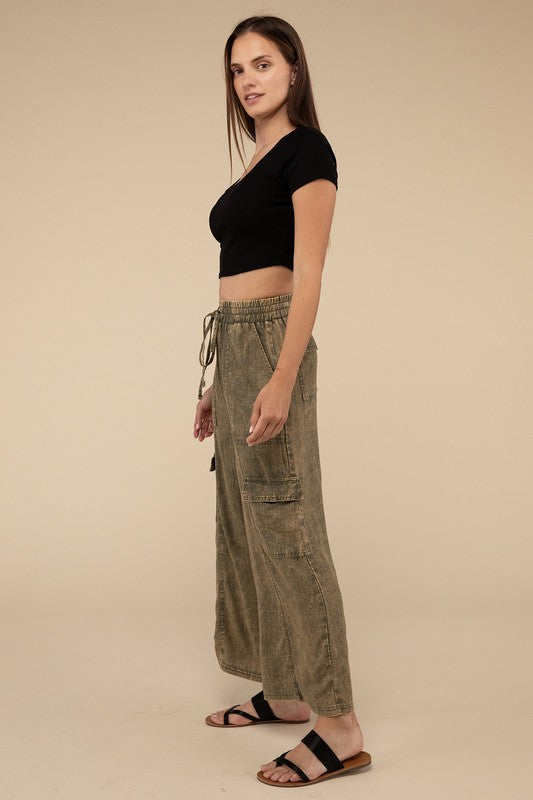 Washed Linen Elastic Band Waist Cargo Pants by ZENANA | Fleurcouture