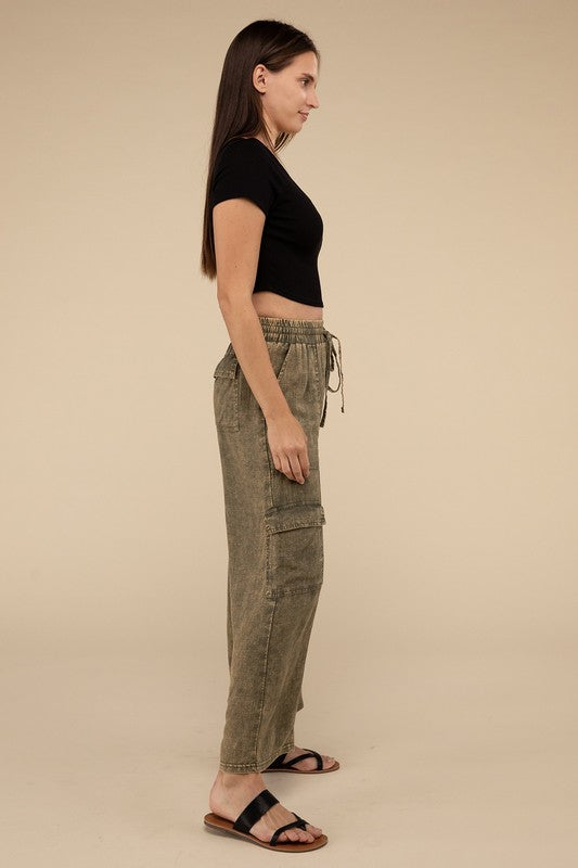 Washed Linen Elastic Band Waist Cargo Pants by ZENANA | Fleurcouture