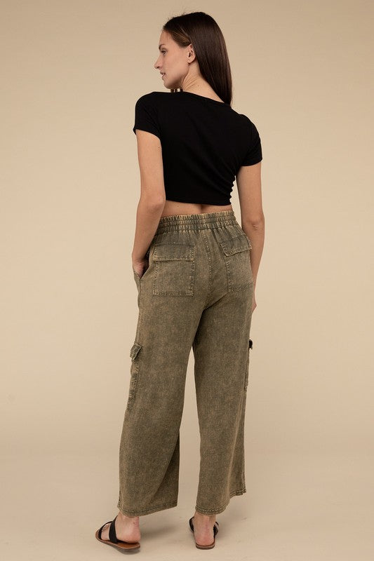 Washed Linen Elastic Band Waist Cargo Pants by ZENANA | Fleurcouture