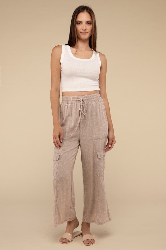 Washed Linen Elastic Band Waist Cargo Pants by ZENANA | Fleurcouture