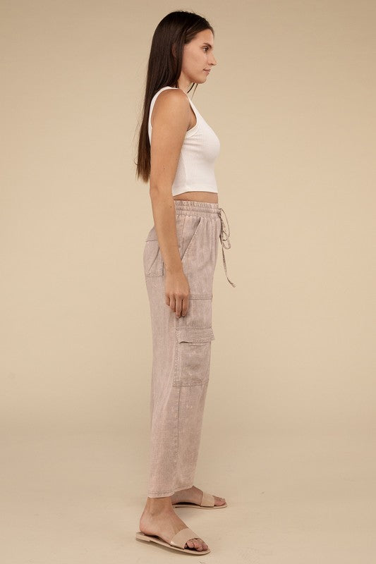 Washed Linen Elastic Band Waist Cargo Pants by ZENANA | Fleurcouture