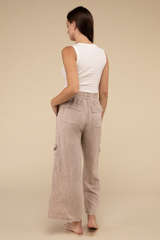 Washed Linen Elastic Band Waist Cargo Pants by ZENANA | Fleurcouture