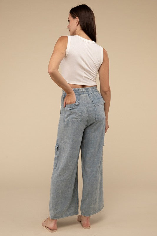 Washed Linen Elastic Band Waist Cargo Pants by ZENANA | Fleurcouture