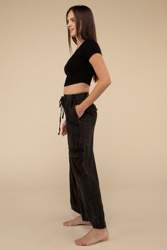 Washed Linen Elastic Band Waist Cargo Pants by ZENANA | Fleurcouture