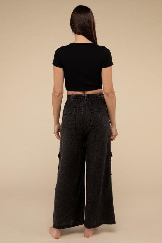 Washed Linen Elastic Band Waist Cargo Pants by ZENANA | Fleurcouture