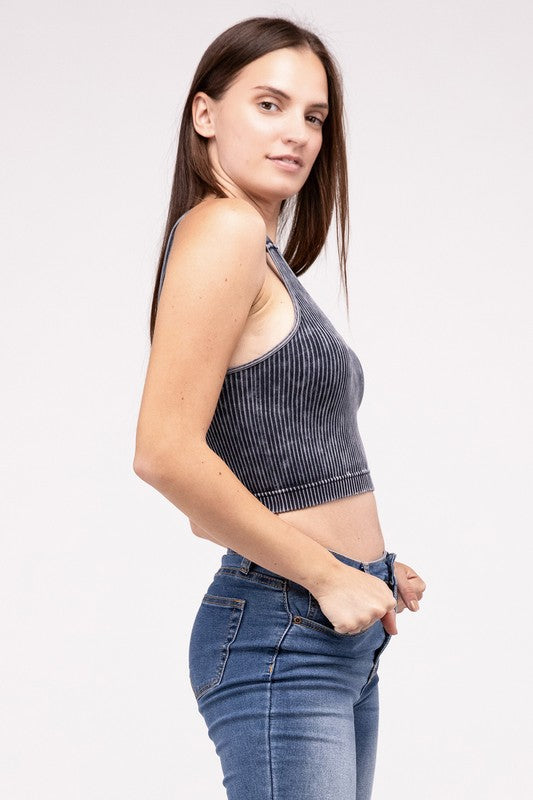 Washed Ribbed Cropped V-Neck Tank Top by ZENANA | Fleurcouture