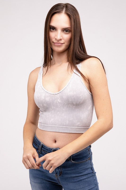 Washed Ribbed Cropped V-Neck Tank Top by ZENANA | Fleurcouture