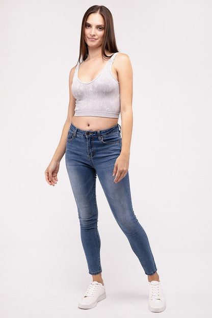 Washed Ribbed Cropped V-Neck Tank Top by ZENANA | Fleurcouture