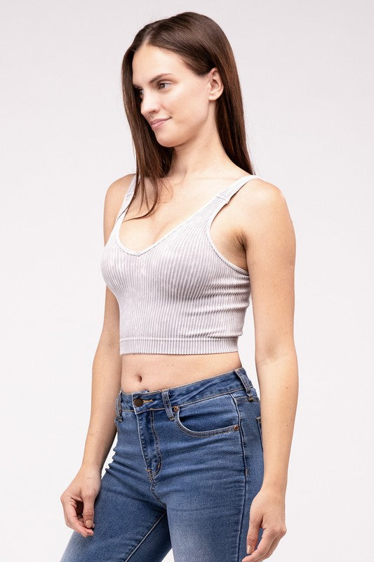 Washed Ribbed Cropped V-Neck Tank Top by ZENANA | Fleurcouture