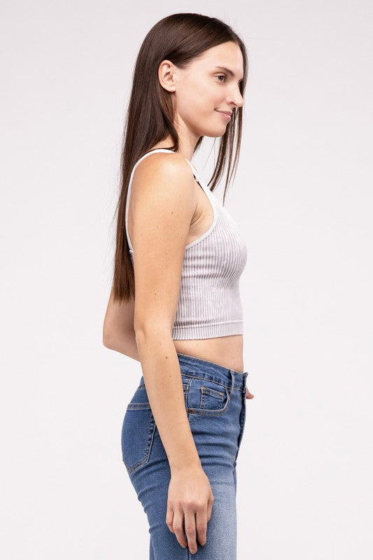 Washed Ribbed Cropped V-Neck Tank Top by ZENANA | Fleurcouture