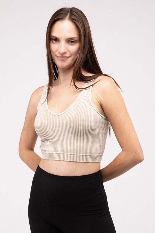 Washed Ribbed Cropped V-Neck Tank Top by ZENANA | Fleurcouture