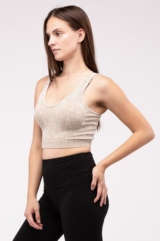 Washed Ribbed Cropped V-Neck Tank Top by ZENANA | Fleurcouture