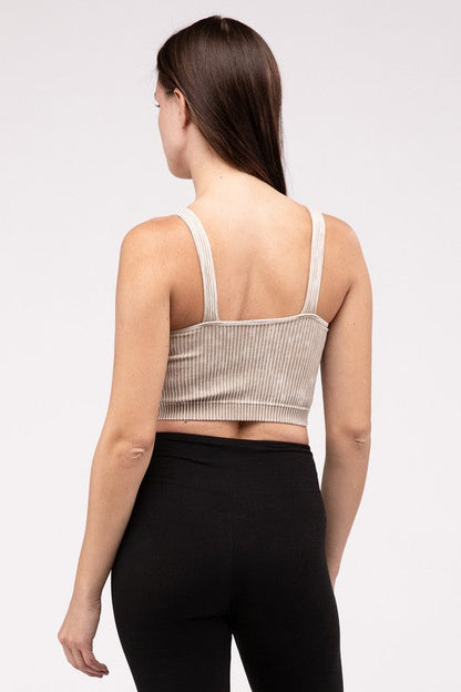 Washed Ribbed Cropped V-Neck Tank Top by ZENANA | Fleurcouture