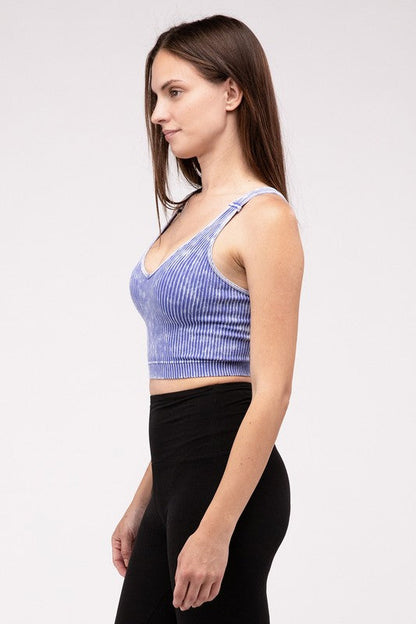 Washed Ribbed Cropped V-Neck Tank Top by ZENANA | Fleurcouture