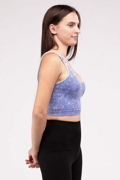 Washed Ribbed Cropped V-Neck Tank Top by ZENANA | Fleurcouture