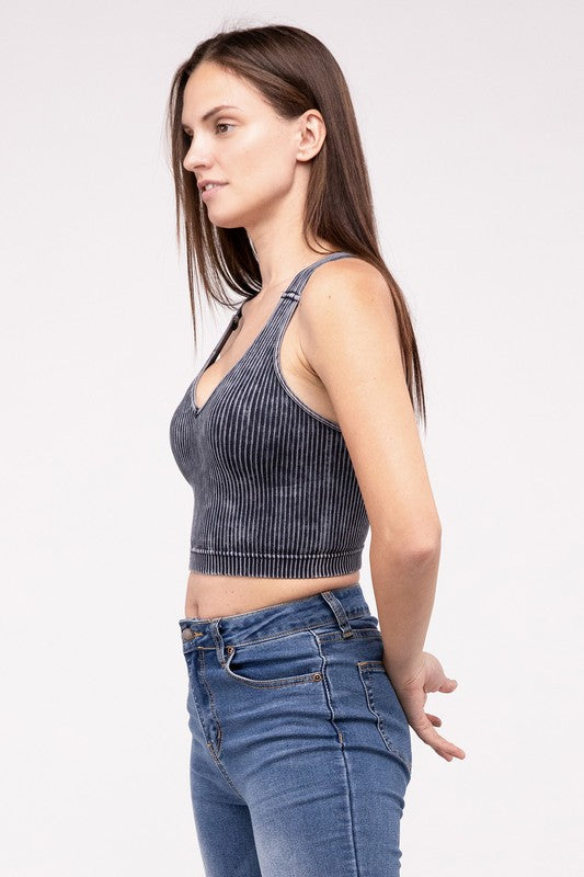 Washed Ribbed Cropped V-Neck Tank Top by ZENANA | Fleurcouture