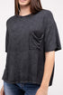 Washed Ribbed Cuffed Short Sleeve Round Neck Top ASH BLACK S/M Women&