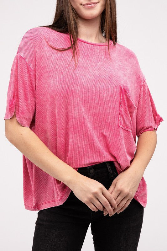 Washed Ribbed Cuffed Short Sleeve Round Neck Top HOT PINK S/M Women&