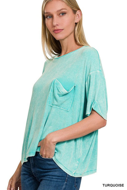 Washed Ribbed Cuffed Short Sleeve Round Neck Top TURQUOISE L/XL Women&