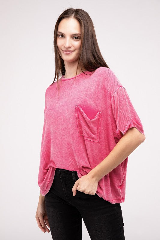 Washed Ribbed Cuffed Short Sleeve Round Neck Top Women&