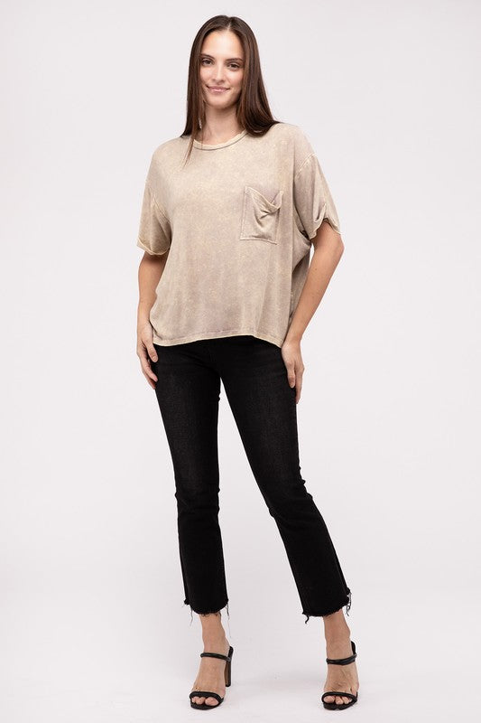 Washed Ribbed Cuffed Short Sleeve Round Neck Top Women&