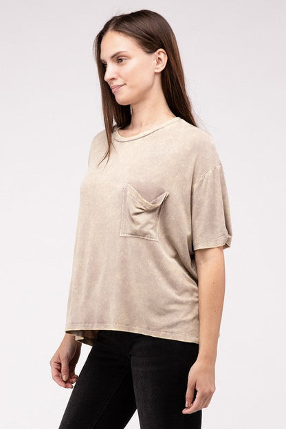 Washed Ribbed Cuffed Short Sleeve Round Neck Top Women&