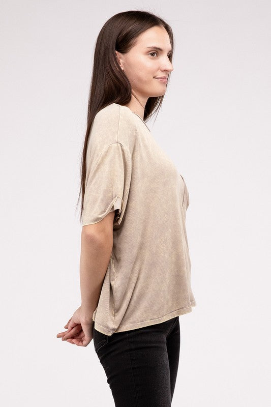 Washed Ribbed Cuffed Short Sleeve Round Neck Top Women&