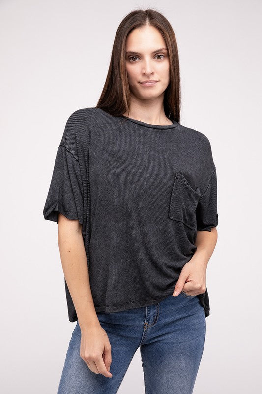 Washed Ribbed Cuffed Short Sleeve Round Neck Top Women&