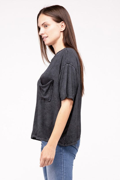 Washed Ribbed Cuffed Short Sleeve Round Neck Top Women&