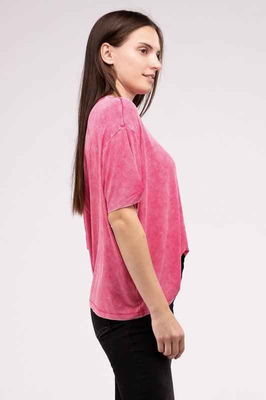 Washed Ribbed Cuffed Short Sleeve Round Neck Top Women&