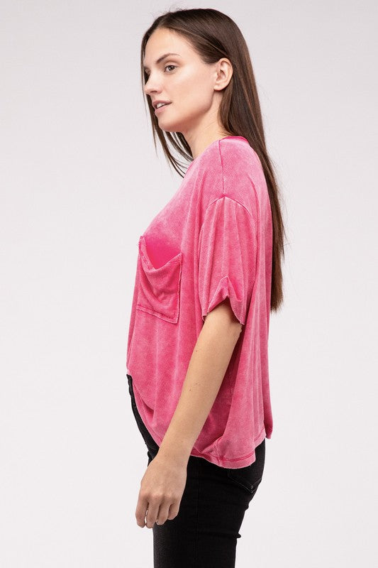 Washed Ribbed Cuffed Short Sleeve Round Neck Top Women&