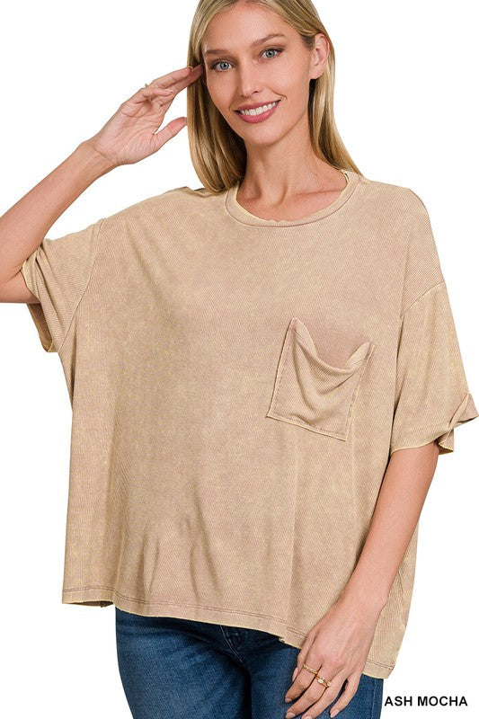 Washed Ribbed Cuffed Short Sleeve Round Neck Top Women&