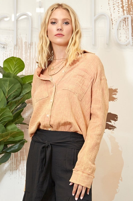 WASHING WRINKLED GAUZE BUTTON DOWN SHIRT WITH ROUG Peach S by Sweet Generis | Fleurcouture