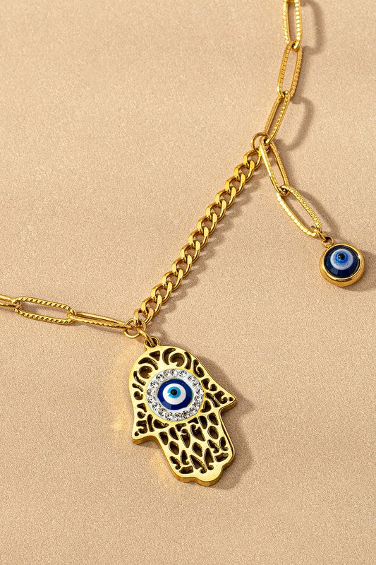 water proof hamsa evil eye pendant necklace Gold one size by LA3accessories | Fleurcouture