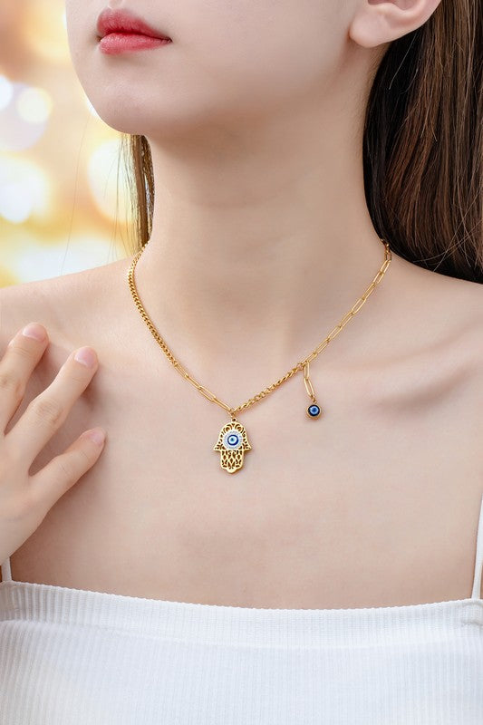 water proof hamsa evil eye pendant necklace Gold one size by LA3accessories | Fleurcouture