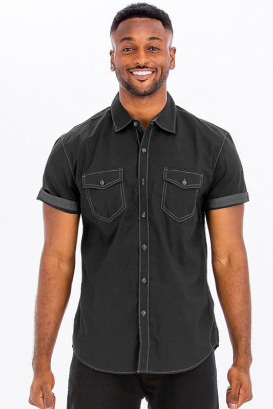 Weiv Outline Stitch Short Sleeve Shirt BLACK S by WEIV | Fleurcouture