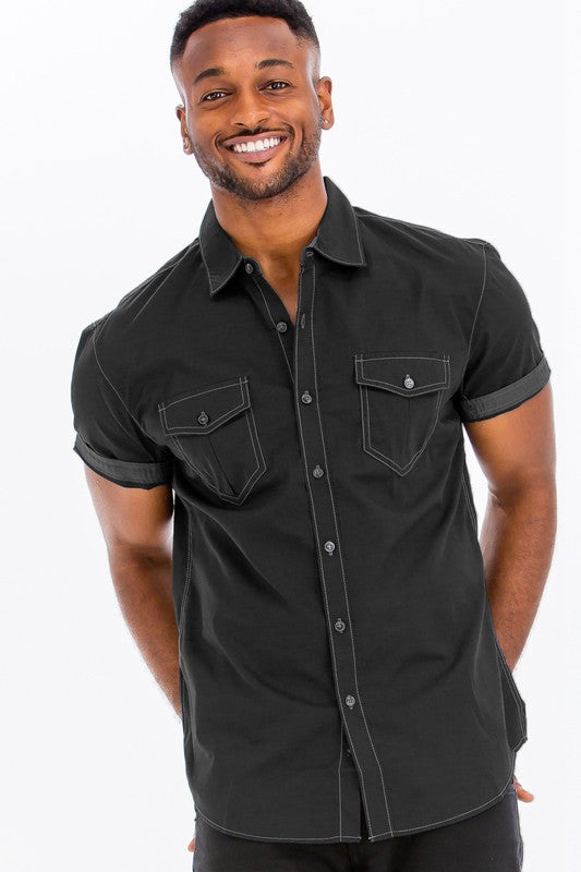 Weiv Outline Stitch Short Sleeve Shirt BLACK by WEIV | Fleurcouture