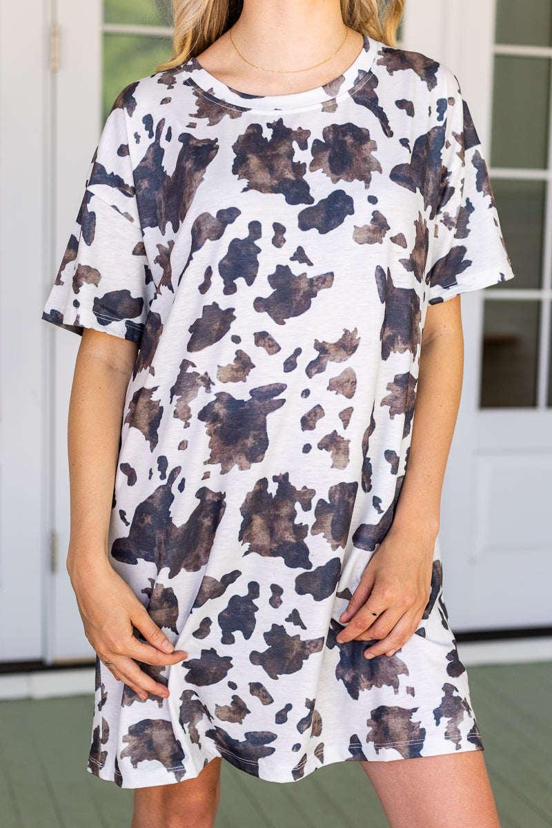 white and brown cow print tee shirt dress Cowhide BLANKS by Custom | Fleurcouture