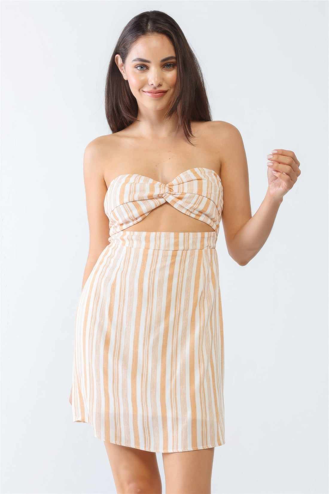 White & Apricot Stripe Print Strapless Twist Cut-out Smocked Back Mini Dress by Fleurcouture | Fleurcouture