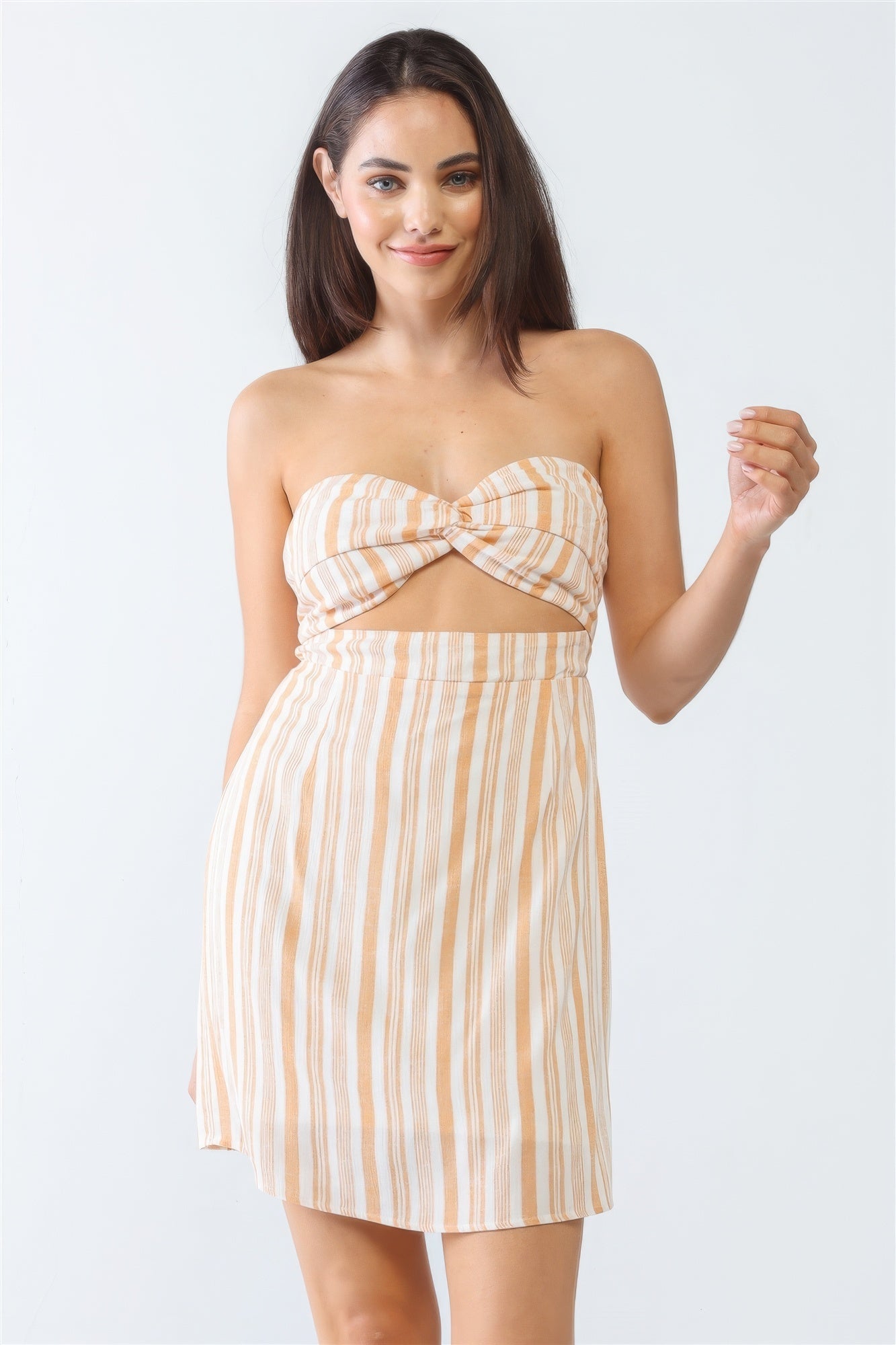 White &amp; Apricot Stripe Print Strapless Twist Cut-out Smocked Back Mini Dress by Fleurcouture | Fleurcouture