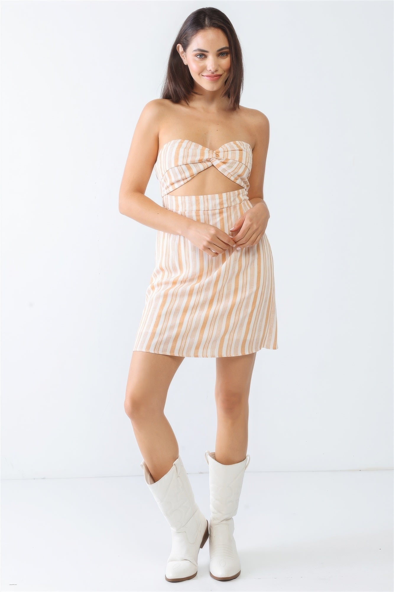 White &amp; Apricot Stripe Print Strapless Twist Cut-out Smocked Back Mini Dress by Fleurcouture | Fleurcouture