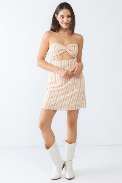 White &amp; Apricot Stripe Print Strapless Twist Cut-out Smocked Back Mini Dress by Fleurcouture | Fleurcouture