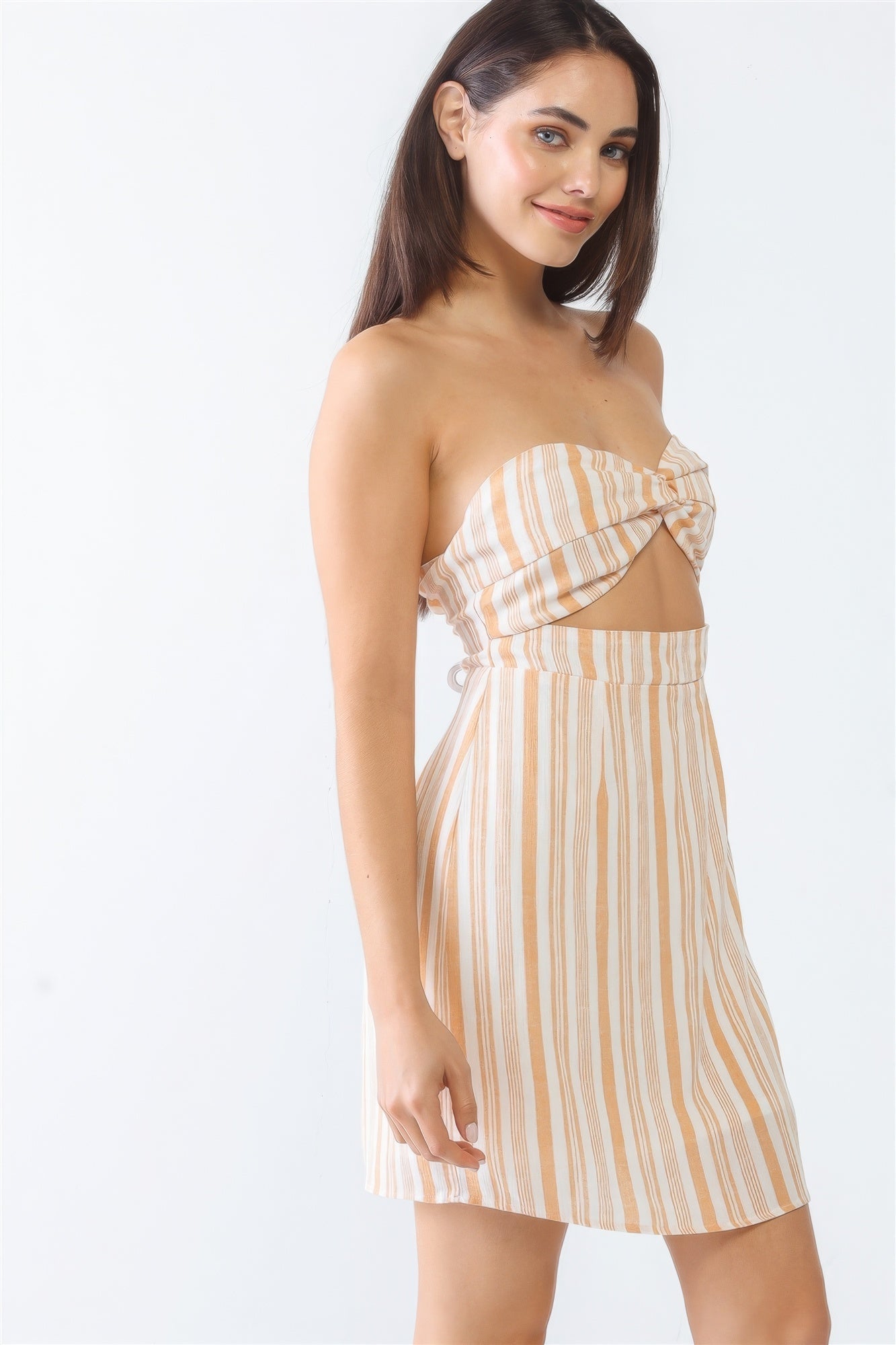 White &amp; Apricot Stripe Print Strapless Twist Cut-out Smocked Back Mini Dress by Fleurcouture | Fleurcouture