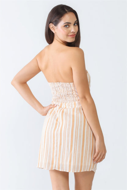 White &amp; Apricot Stripe Print Strapless Twist Cut-out Smocked Back Mini Dress by Fleurcouture | Fleurcouture