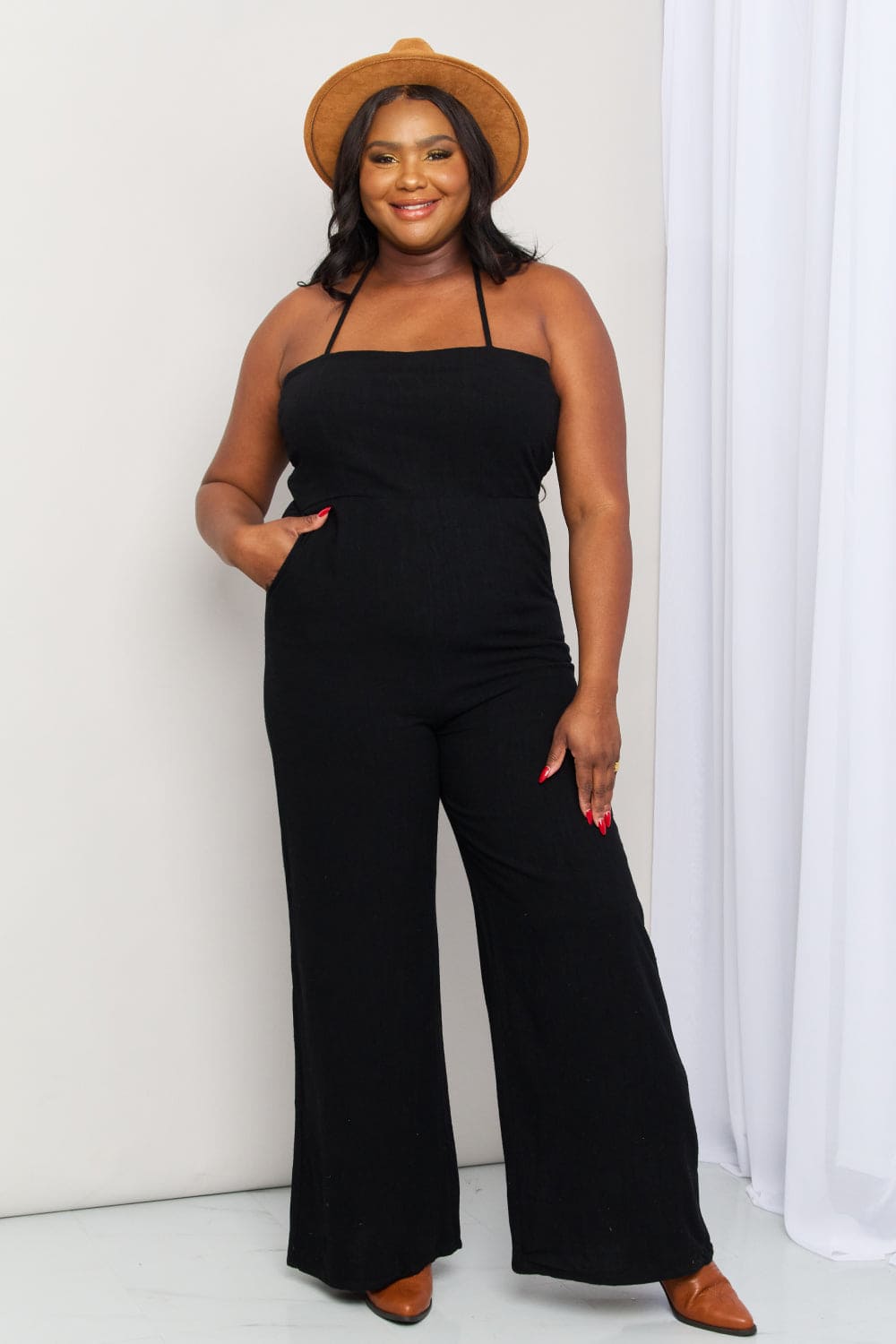 White Birch Full Size Halter Neck Wide Leg Jumpsuit with Pockets Black by Trendsi | Fleurcouture