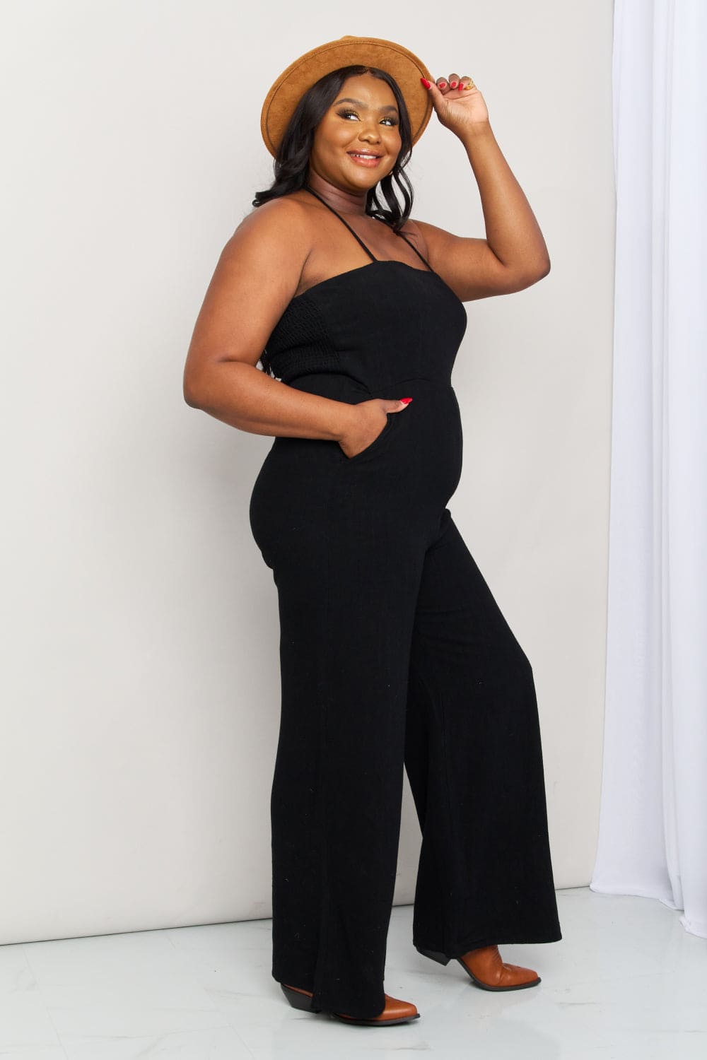 White Birch Full Size Halter Neck Wide Leg Jumpsuit with Pockets Black by Trendsi | Fleurcouture