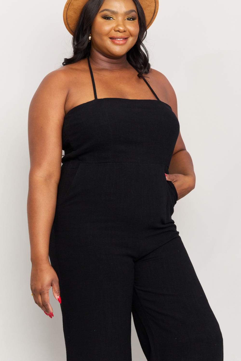 White Birch Full Size Halter Neck Wide Leg Jumpsuit with Pockets Black by Trendsi | Fleurcouture