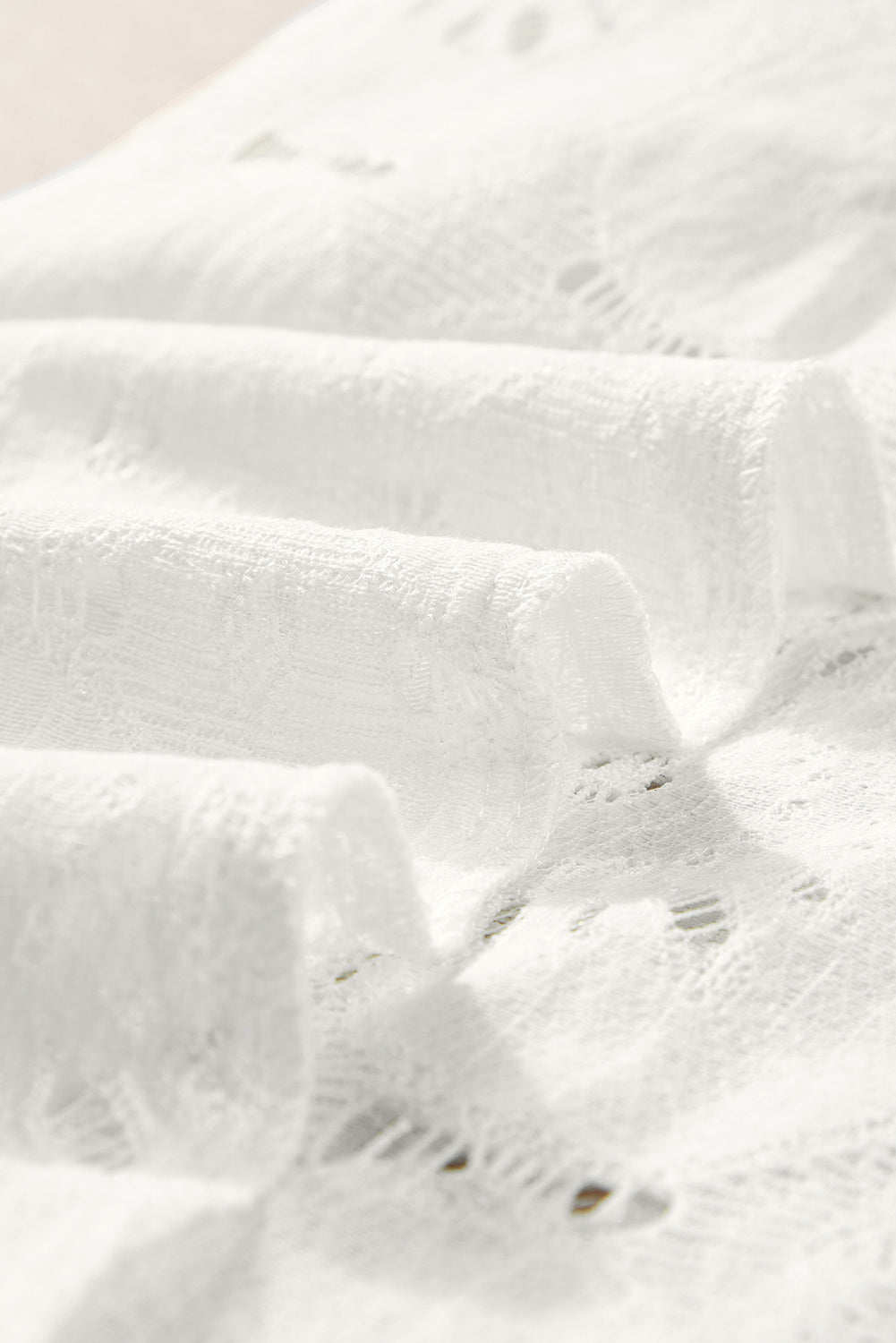 White Flower Eyelet Jacquard Keyhole Flounce Sleeve Top White 70%Cotton+30%Polyamide Tops/Tops &amp; Tees by Fleurcouture | Fleurcouture